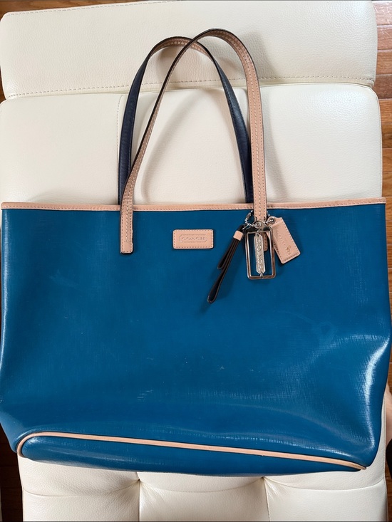 Coach Handbags - Coach Teal Leather Tote with beige Trim